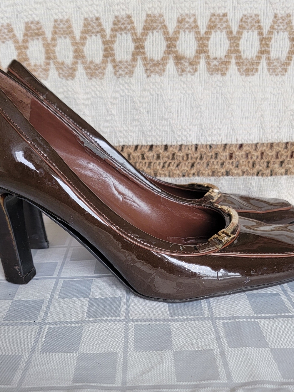 Bandolino Brown Patent Mid-Heel Pumps with Gold Accent